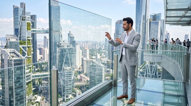 Businessman interacting with transparent screen on modern city observa