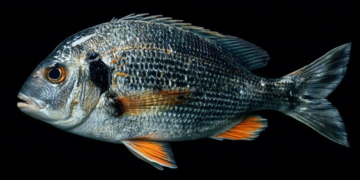 Black seabream with detailed scales, orange fins, and dark vertical markings is isolated on a black background.