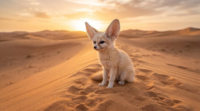 Fennec fox sits peacefully upon the rolling golden dunes of a vast desert during a warm sunset.