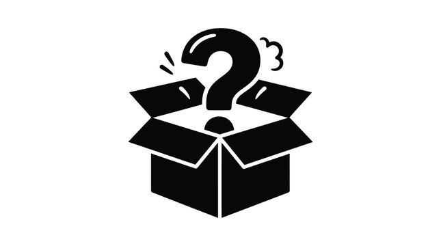 Open cardboard box with question mark black silhouette on white