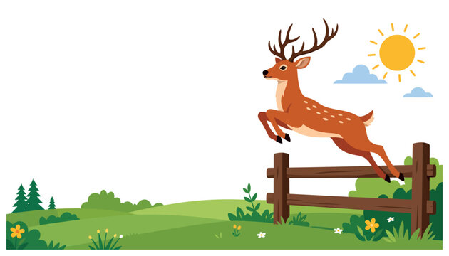 Brown deer with large antlers jumping over fence.