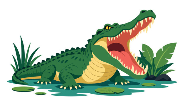 Cartoon alligator with open mouth and sharp teeth.