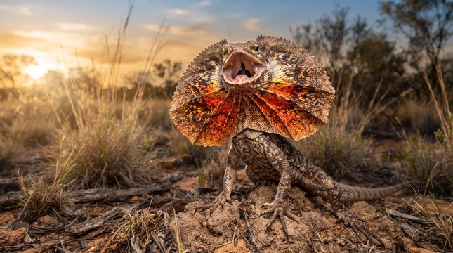 Frilled lizard opens its neck frill in a defensive display within the dry Australian outback.