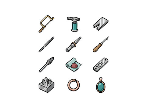 Comprehensive Jeweler S Workstation Tools Including Saw Frame Torch V Block Needle Mandrel Burnisher Prong Pusher Polishing Cloth Draw Plate Ring Clamp And Decorative Vector Illustration