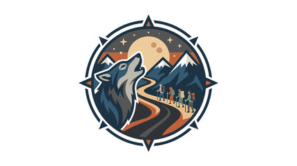 Obraz premium Retro-Modern Wolf Emblem: Guiding Through Mountains Under Moonlit Sky