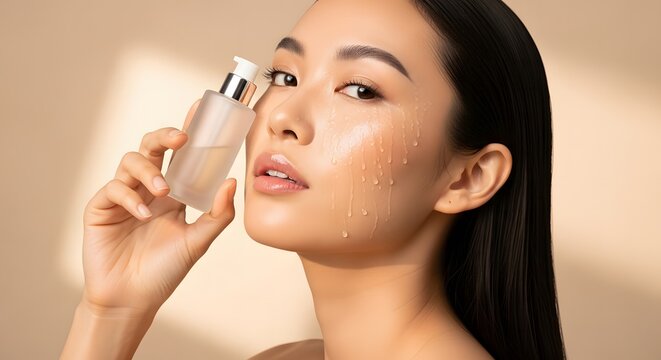 Asian woman holding a cosmetic serum bottle near her face against a neutral background.