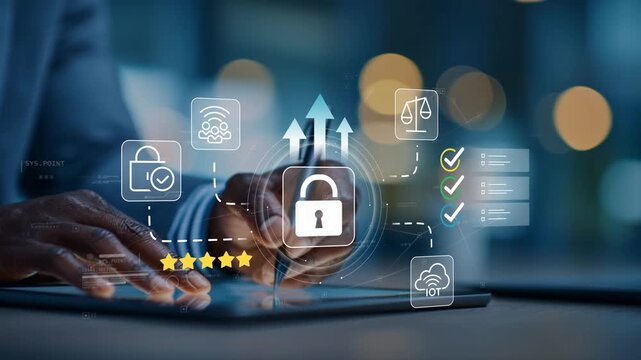Black businessman in modern office using trusted business security platform with animated lock icon, digital protection strategy, cybersecurity growth and enterprise compliance management
