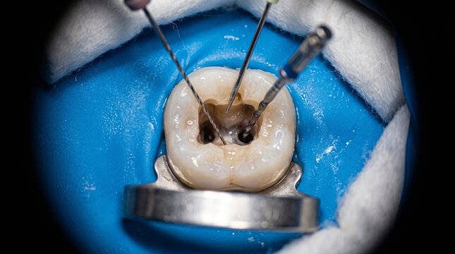 Microscopic Endodontic Treatment with Rubber Dam Isolation and Fine Dental Instruments