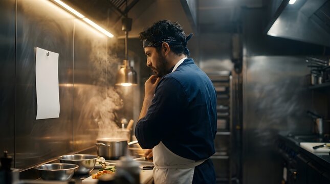 Professional chef cooking meal in a commercial kitchen with blank signage