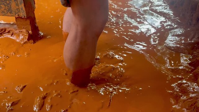 Traditional Korean red clay barefoot walking trail foot massage therapy