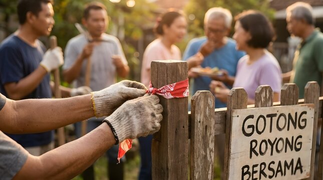 Tying red and white ribbon for community event.