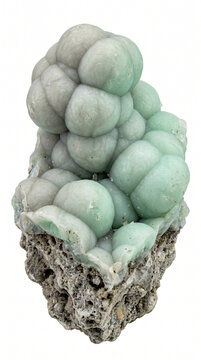 Macro geological specimen of mint green botryoidal smithsonite mineral rock isolated on white background
