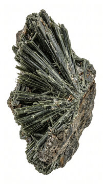 Detailed macro photography of green acicular actinolite needle crystal mineral specimen isolated on white
