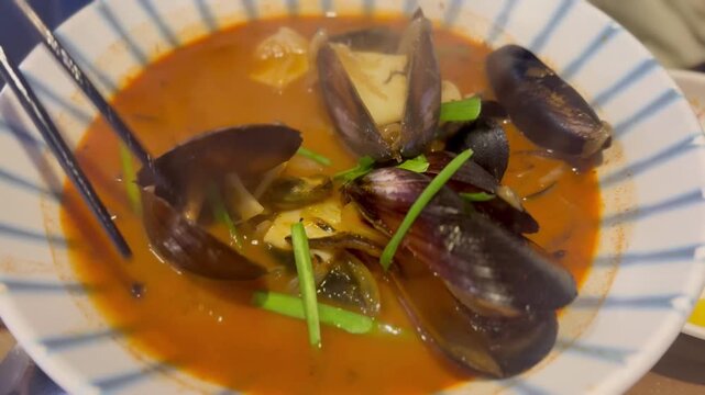 Delicious spicy Korean Chinese seafood noodle soup jjamppong