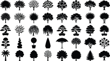 Large set of various tree silhouettes with lush foliage and floral patterns for landscape design art © Fensi
