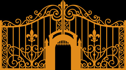 Ornate golden gate with fleur de lis. Luxury wrought iron fence design element. © Fahmi
