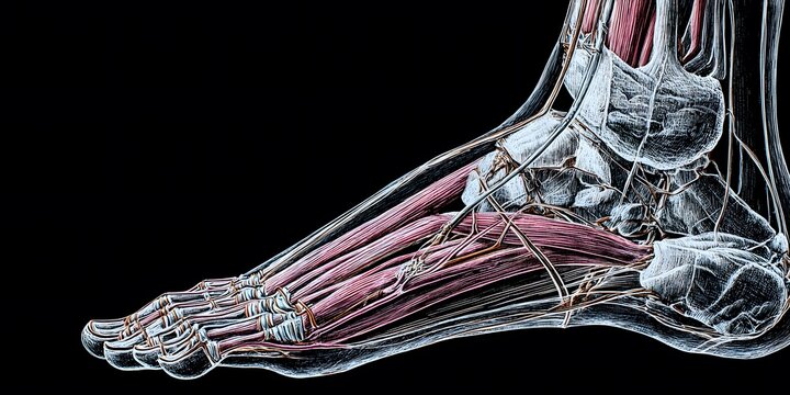 Side view anatomical illustration showing bones and muscles of human foot and ankle