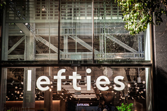 MADRID, SPAIN - FEBRUARY 23, 2026: Large Lefties logo displayed above the entrance of a fashion store in Madrid, Spain, lefties is an affordable fashion retailer associated with the Inditex group.
