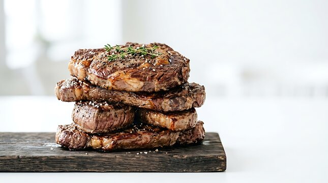 Perfectly Grilled Juicy Steaks Stacked on a Rustic Wooden Board Ready to Serve a Delicious Meal