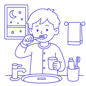 Child brushing teeth before bedtime school routine flat vector illustration
