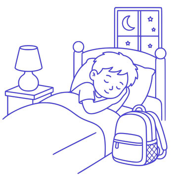 Child sleeping peacefully before first day of school flat vector illustration