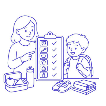 Morning routine checklist with parent and child preparing for school flat vector illustration