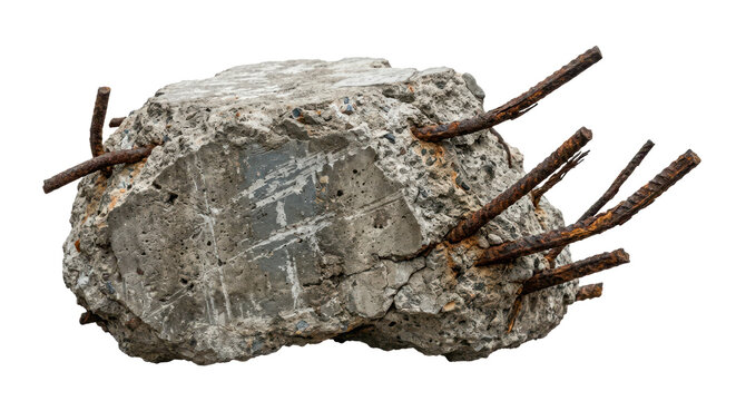 A rough chunk of concrete debris with rusty rebar sticking out, isolated on a white background, showcasing industrial decay and construction waste.