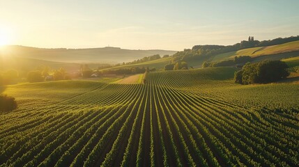 Obraz premium Sunrise over vineyard rows, rural landscape, summer morning.
