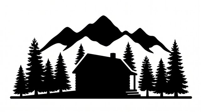 Mountain cabin silhouette icon. Rustic lodge with pine trees and peaks vector graphic.