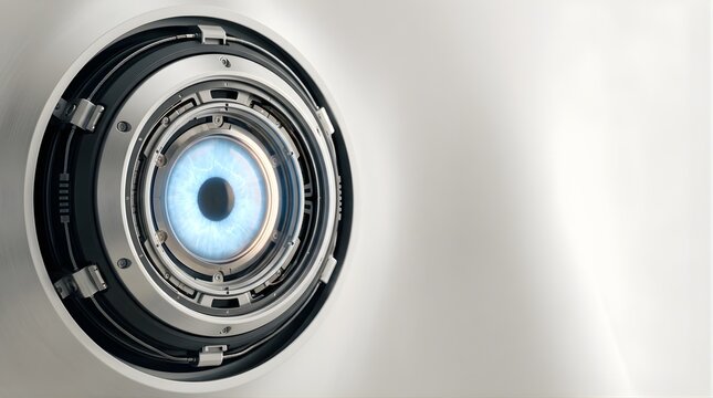 Robotic blue eye with glowing iris on metallic surface for technology design