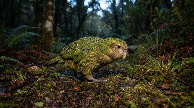 Kakapo parrot stands alert on the mossy forest floor within a dense New Zealand native bush habitat.