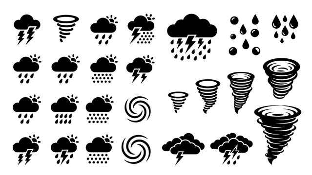Weather icon set with rain vector cloud storm tornado lightning hurricane symbols isolated on white background