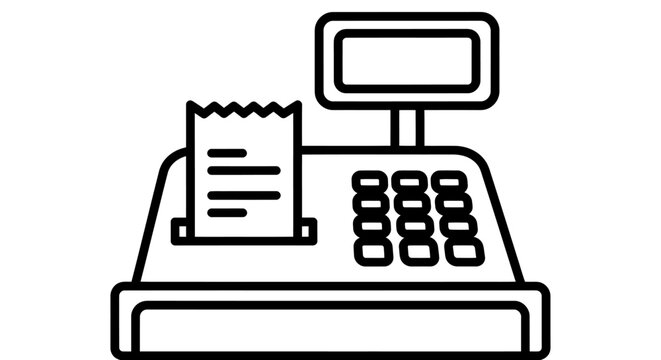 Illustration of a classic cash register at a checkout counter for business and commerce applications.