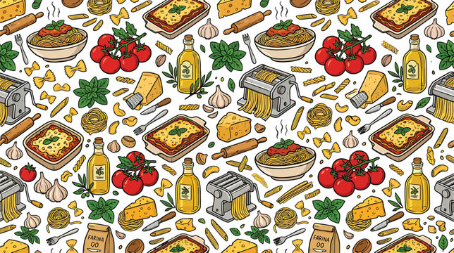 Italian pasta cooking ingredients and kitchen tools seamless pattern vector illustration for culinary menu design background