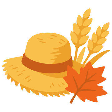 Flat straw hat illustration with maple leaf for autumn harvest season