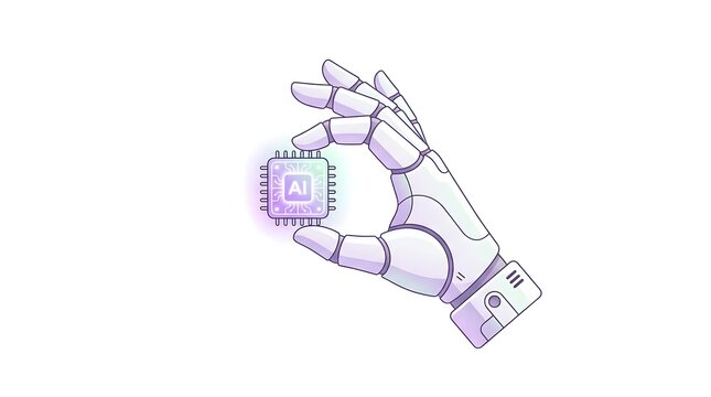 Robotic hand holding a microchip for technology concept.