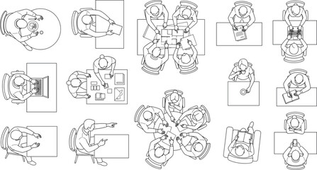 Fototapeta premium Top View Office People Outline Vector Set with Meetings, Laptop Work, Reading, Writing, and Collaboration Illustrations