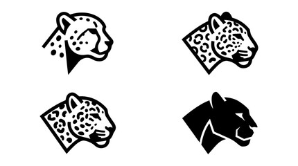 Cheetah and jaguar heads are displayed as a set of four distinct black and white animal illustrations. © Ryan
