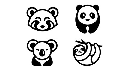 Fototapeta premium Red panda, panda, koala, and sloth are rendered as friendly black and white animal face icons.