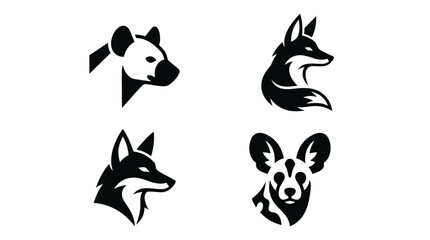 Fototapeta premium Hyena, fox, and wild dog heads appear as a collection of minimalist black and white animal icons.