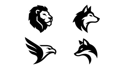 Fototapeta premium Lion, eagle, and fox heads comprise a series of artistic black and white animal silhouettes.