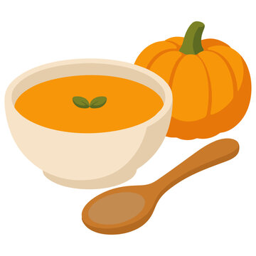 Flat pumpkin soup illustration with spoon for Thanksgiving autumn menu