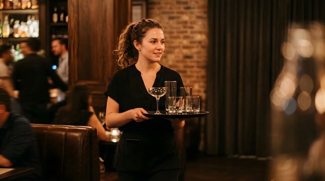 Waitress carrying a tray with empty glasses in a modern lounge bar