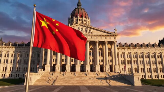 Chinese flag waving in front of a government building at sunset