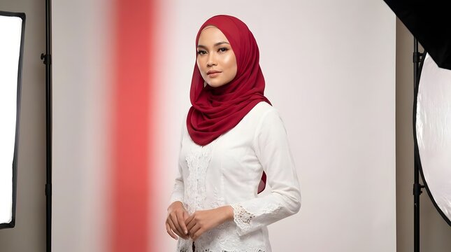 Woman in hijab posing with red and white background.