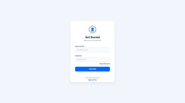 Login form UI with get started text and continue button on white background