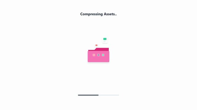 Compressing Assets Animation with pink folder and progress bar on white
