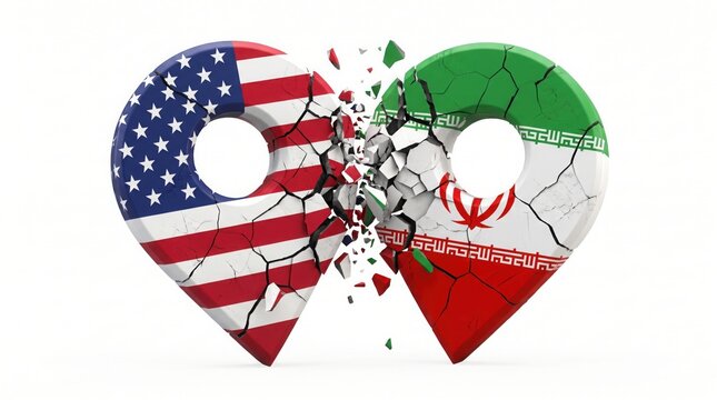Two shattered map location pins featuring national flags colliding against each other isolated on a white background representing geopolitical conflict with international