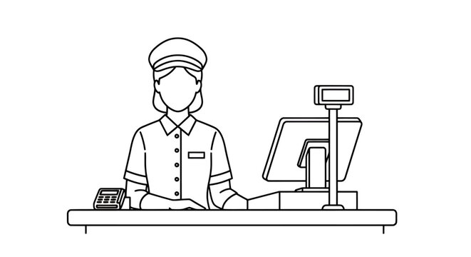 Illustration of a shopkeeper behind a checkout counter in a line drawing.