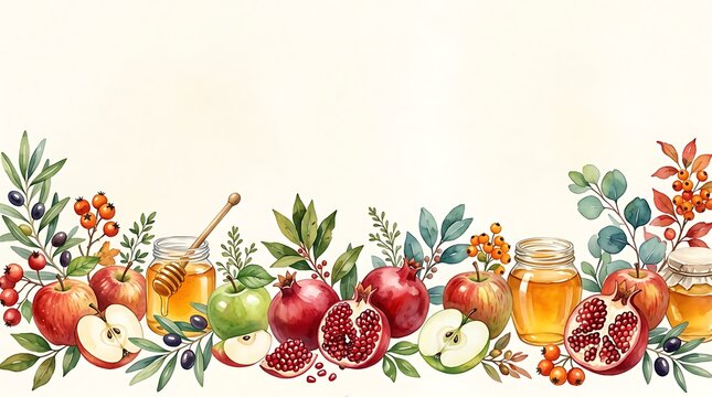 Rosh Hashanah Watercolor Illustration of Apples Honey and Pomegranate